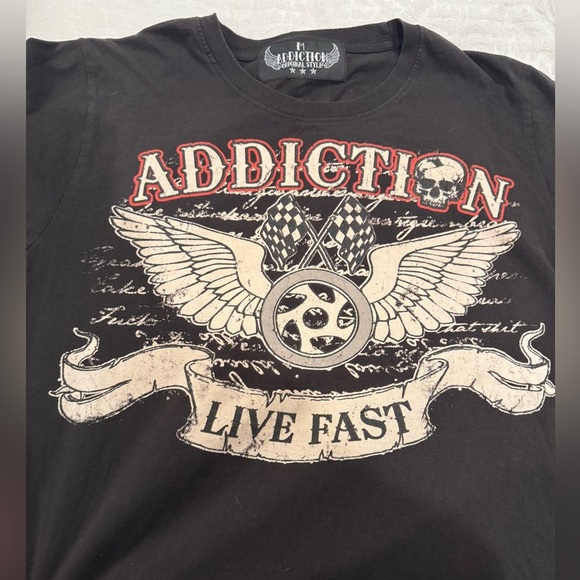 Addiction Black Graphic T-Shirt live fast die last motorcycle  racing - Picture 3 of 9